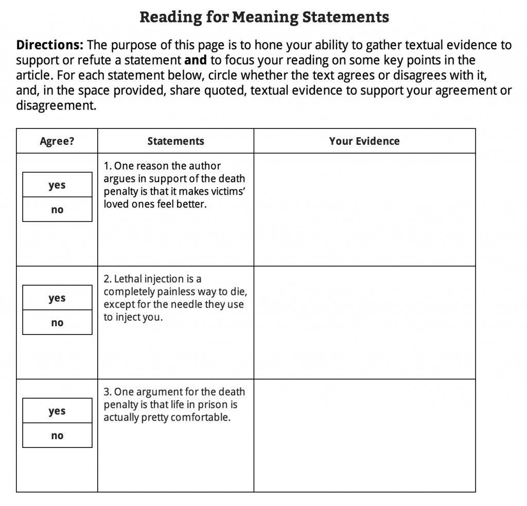 Reading for Meaning Statements Article of the Week Screenshot